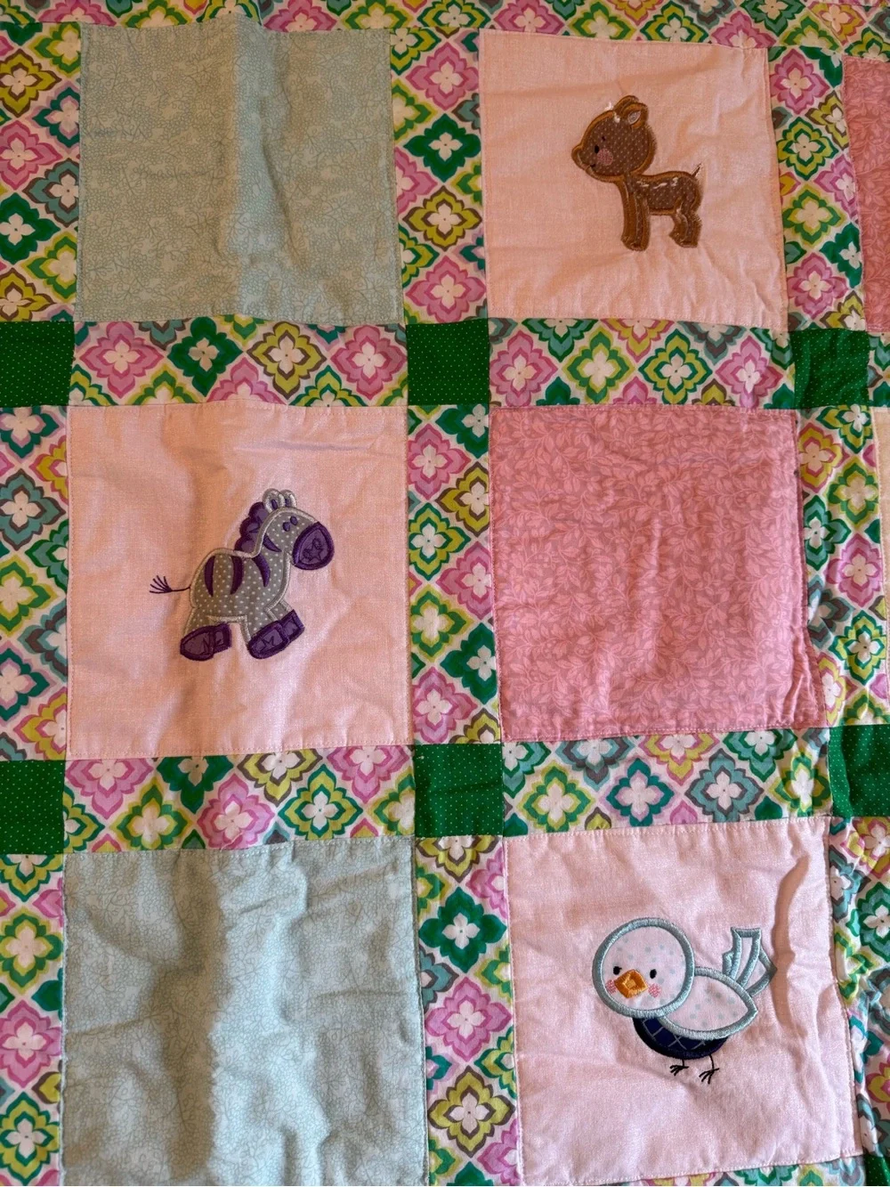 Handmade Pastel Patchwork Baby Quilt with Animal Appliqués - Pink & Mint